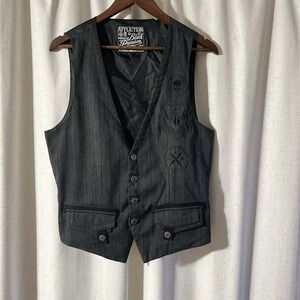 Affliction Black Premium Vest Waist‎ Coat Small Stripe Gray Button Embroider